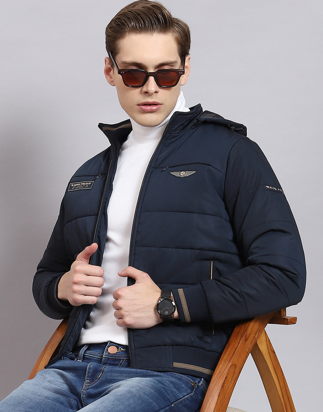 Men Navy Blue Solid Hooded Full Sleeve Jacket