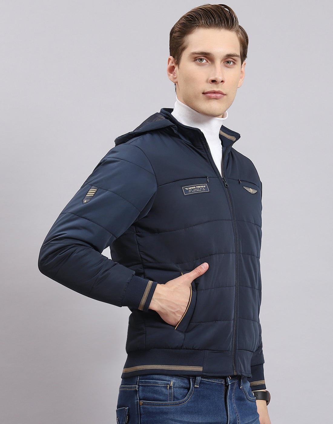 Men Navy Blue Solid Hooded Full Sleeve Jacket