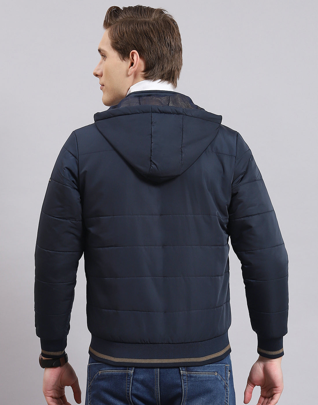 Men Navy Blue Solid Hooded Full Sleeve Jacket