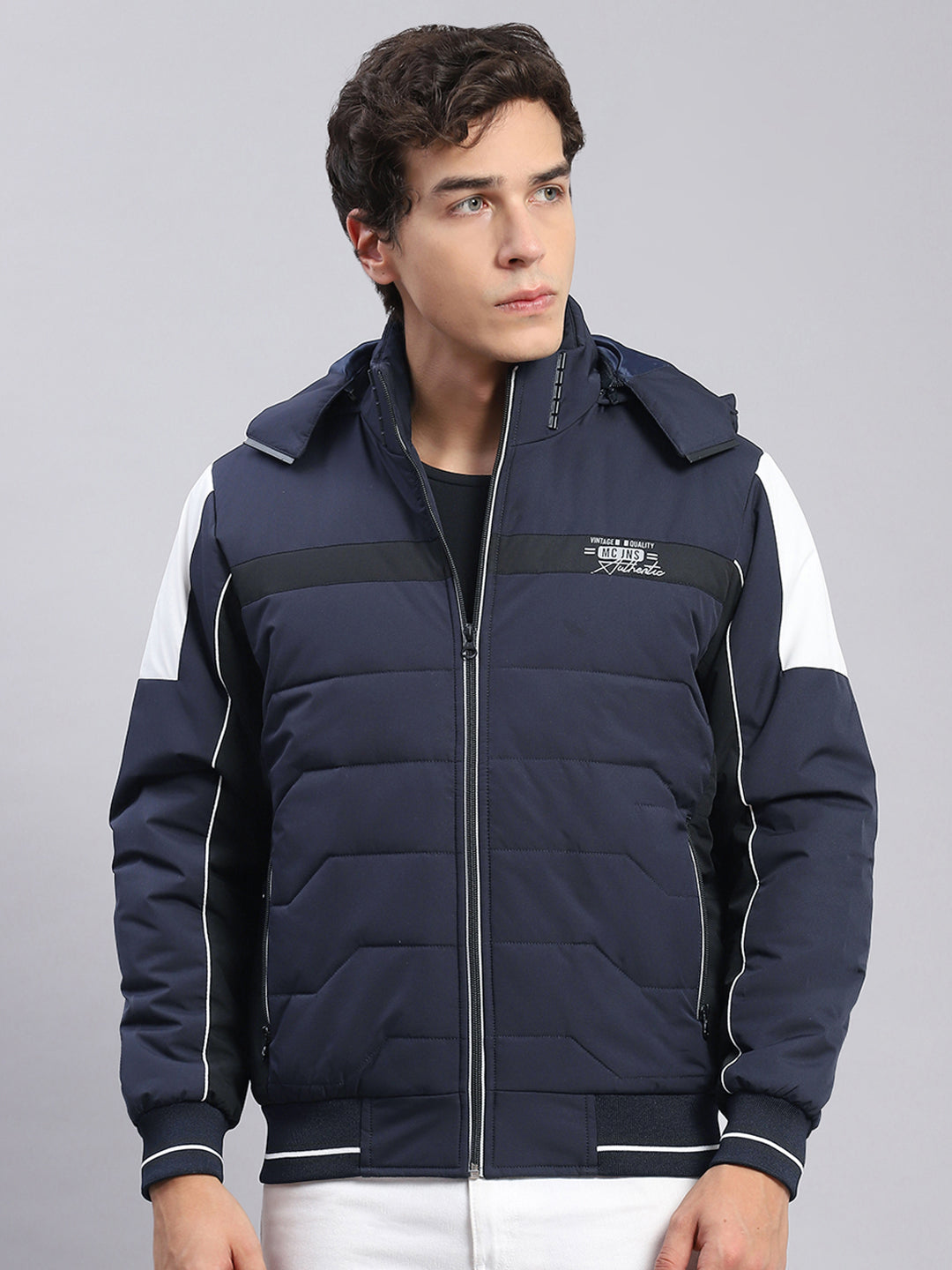 Men Navy Blue Solid Hooded Full Sleeve Jackets