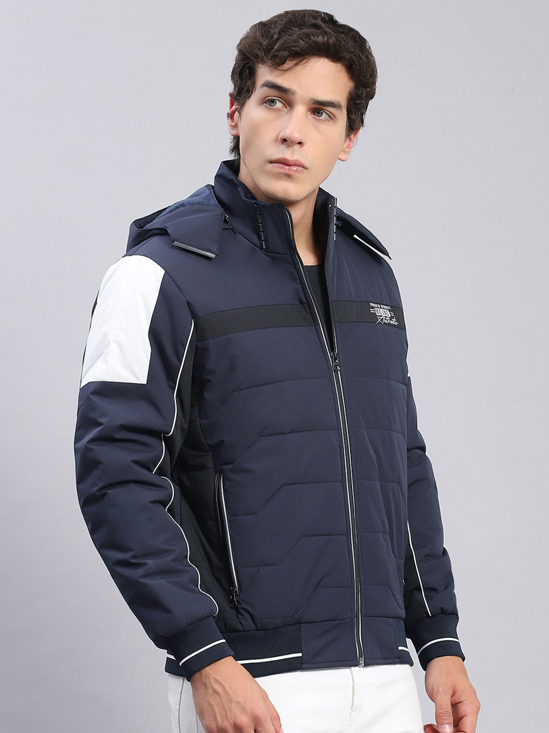 Men Navy Blue Solid Hooded Full Sleeve Jackets