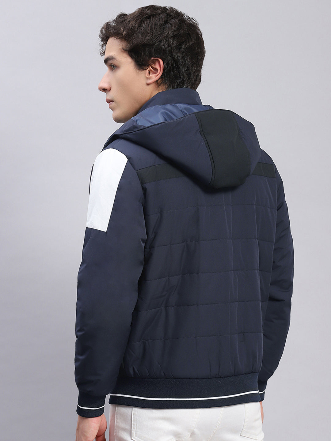 Men Navy Blue Solid Hooded Full Sleeve Jackets