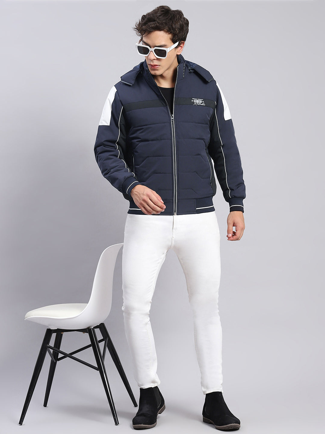 Men Navy Blue Solid Hooded Full Sleeve Jackets
