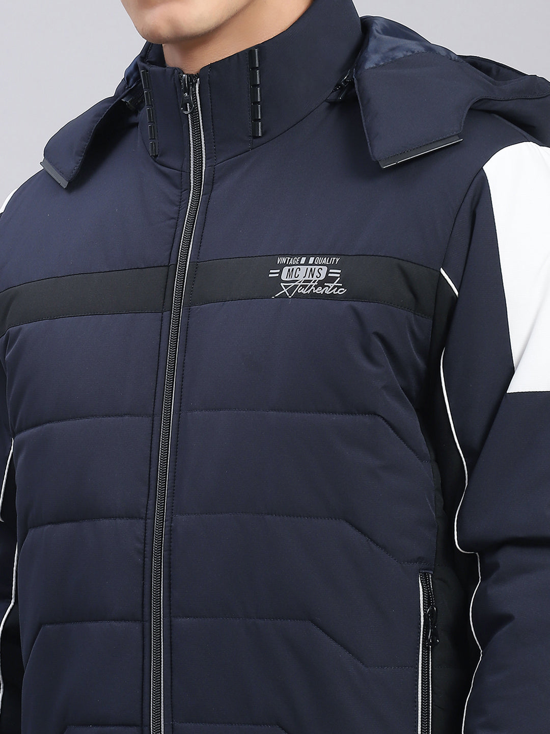 Men Navy Blue Solid Hooded Full Sleeve Jackets