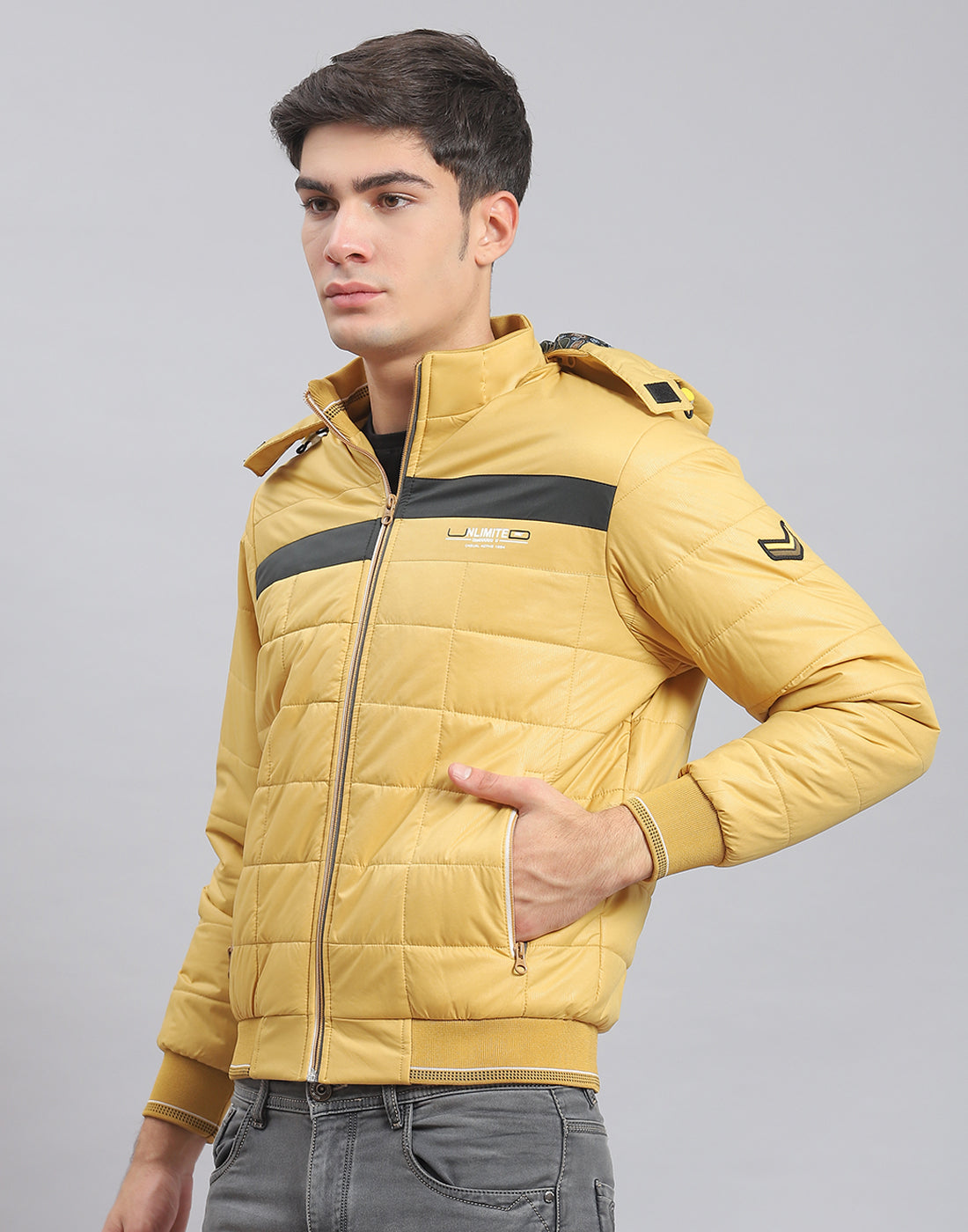Men Mustard Solid Hooded Full Sleeve Jacket