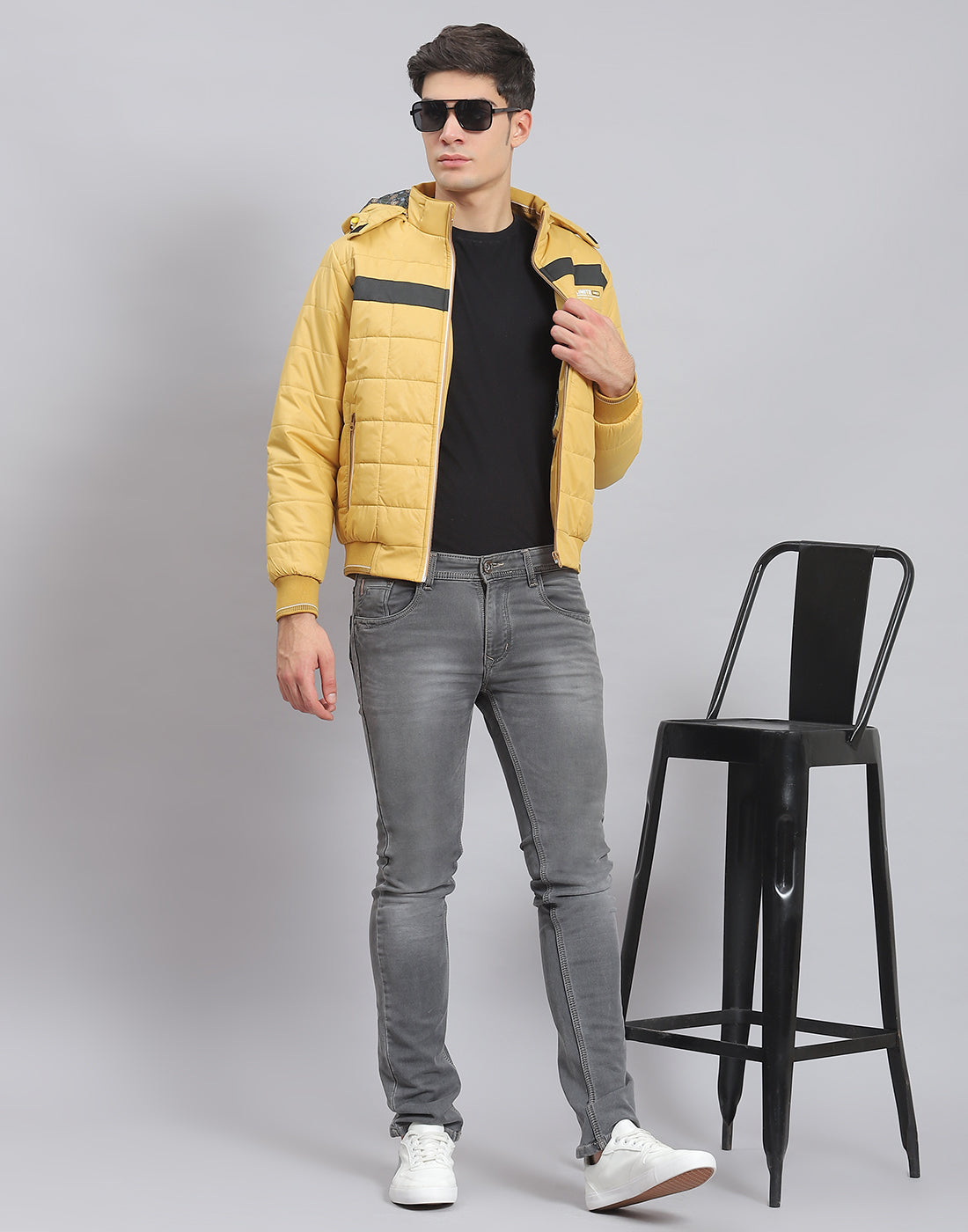 Men Mustard Solid Hooded Full Sleeve Jacket