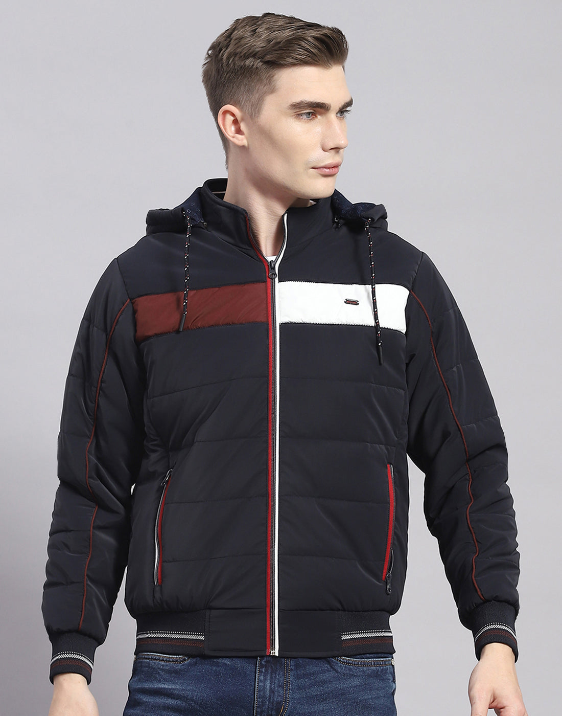 Men Navy Blue Solid Hooded Full Sleeve Jacket