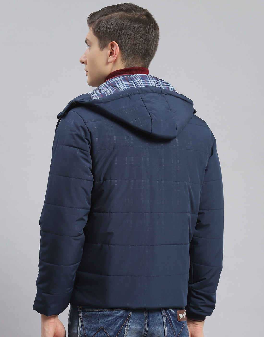 Men Navy Blue Printed Hooded Full Sleeve Jacket