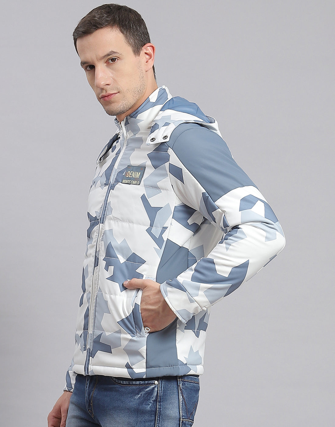 Men White Printed Hooded Full Sleeve Jacket