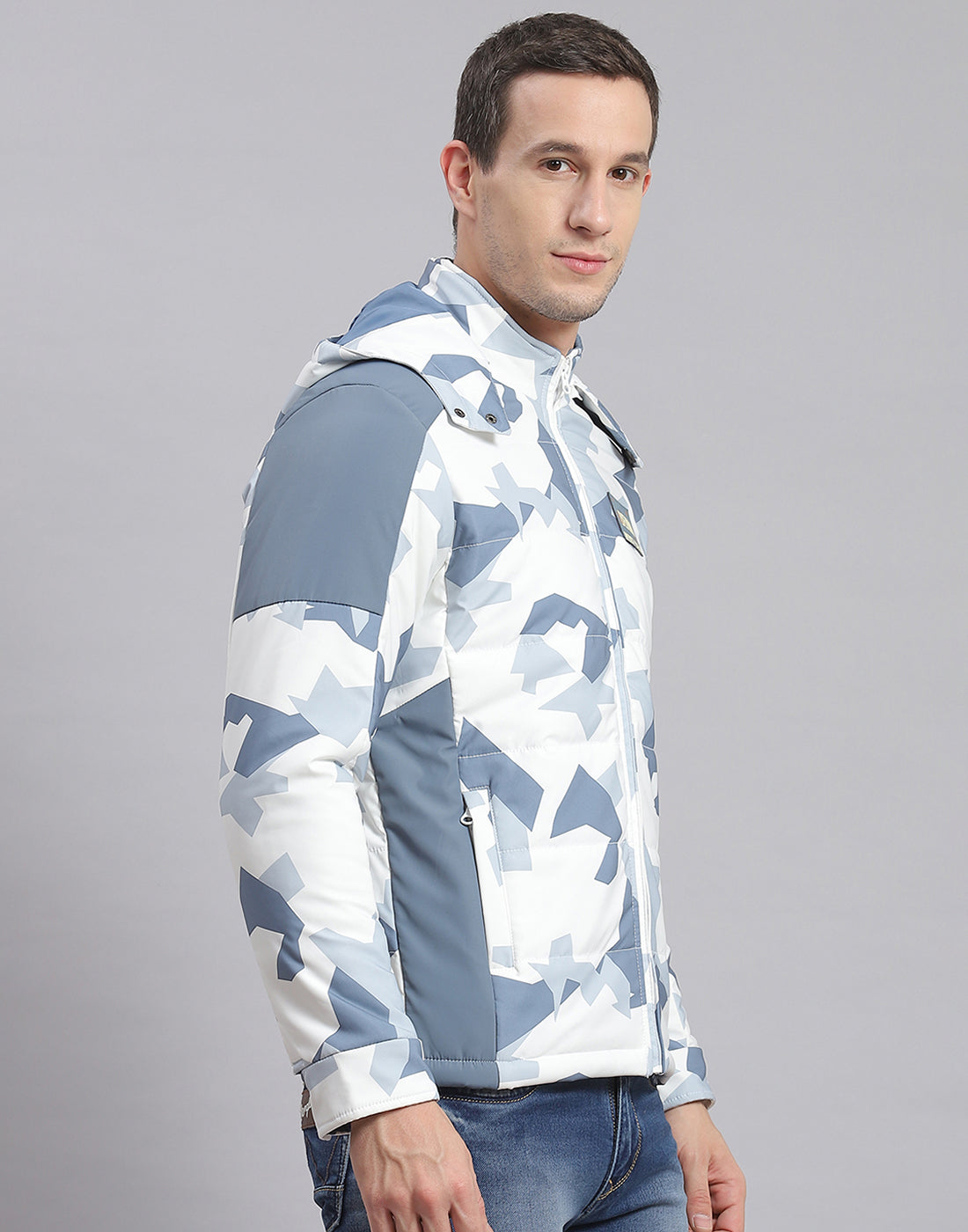 Men White Printed Hooded Full Sleeve Jacket