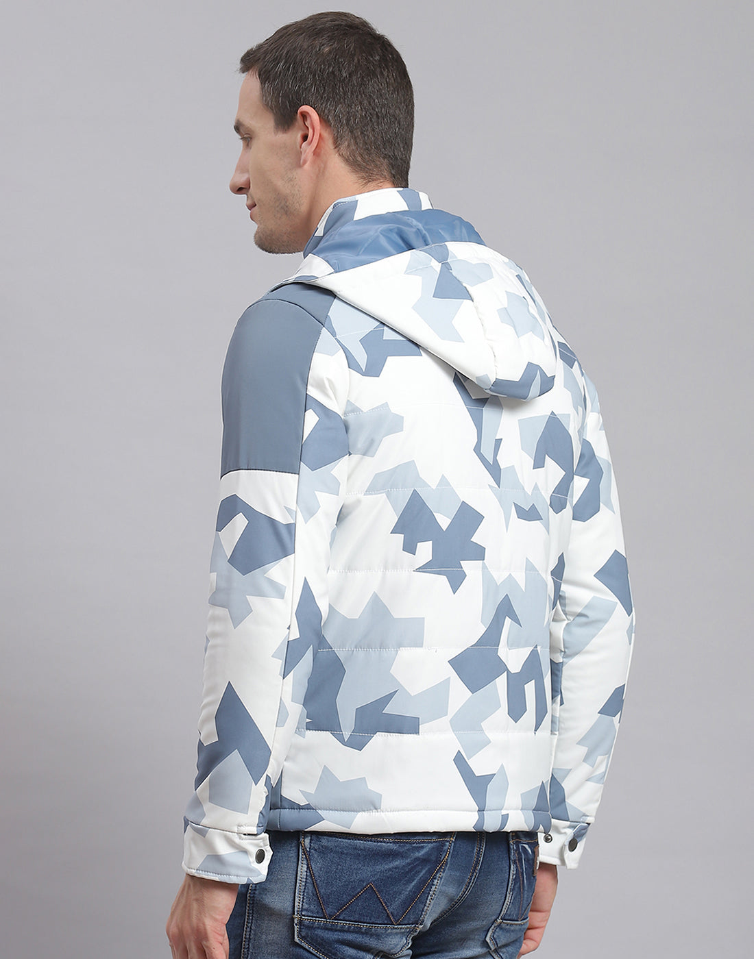 Men White Printed Hooded Full Sleeve Jacket