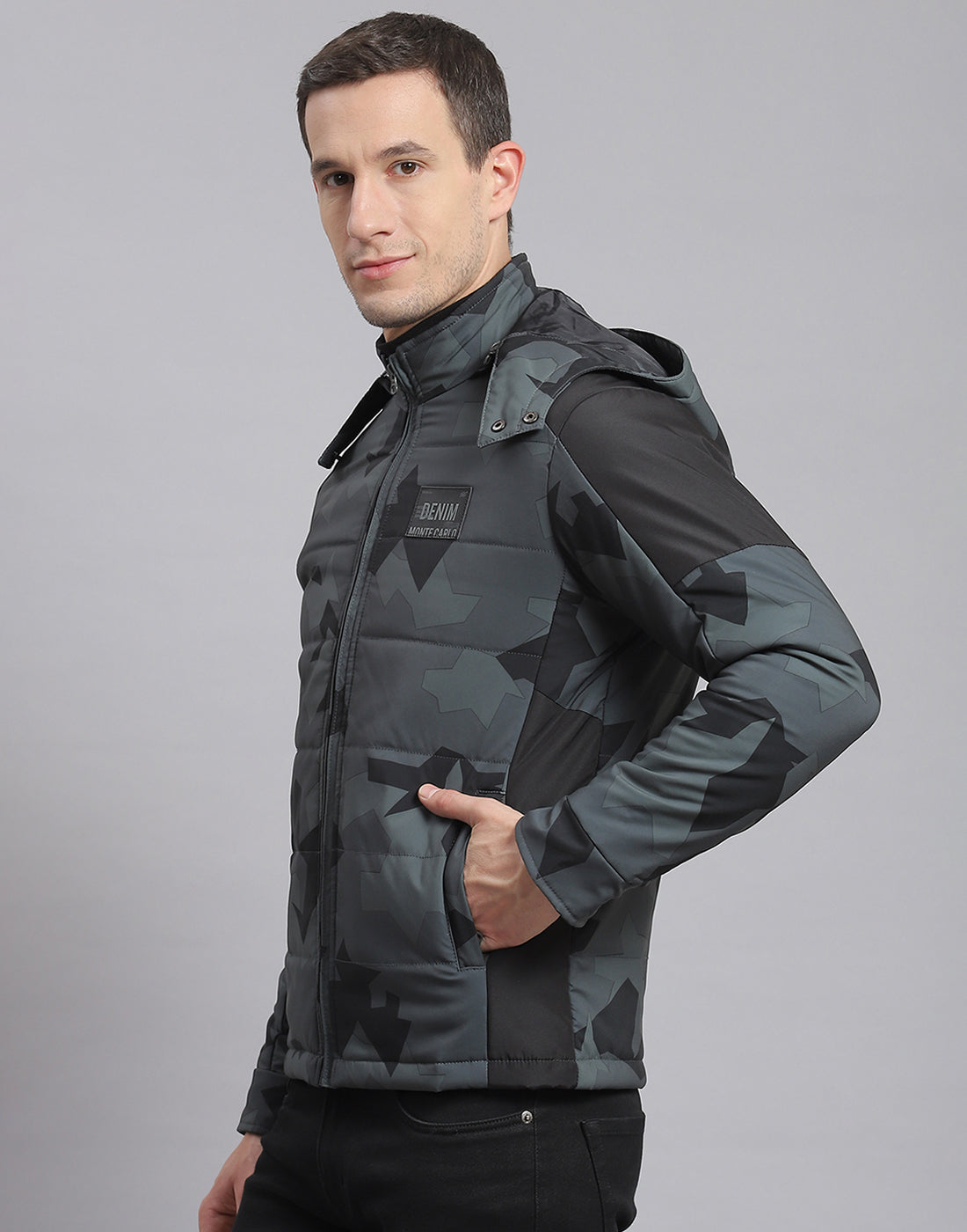Men Grey Printed Hooded Full Sleeve Jacket