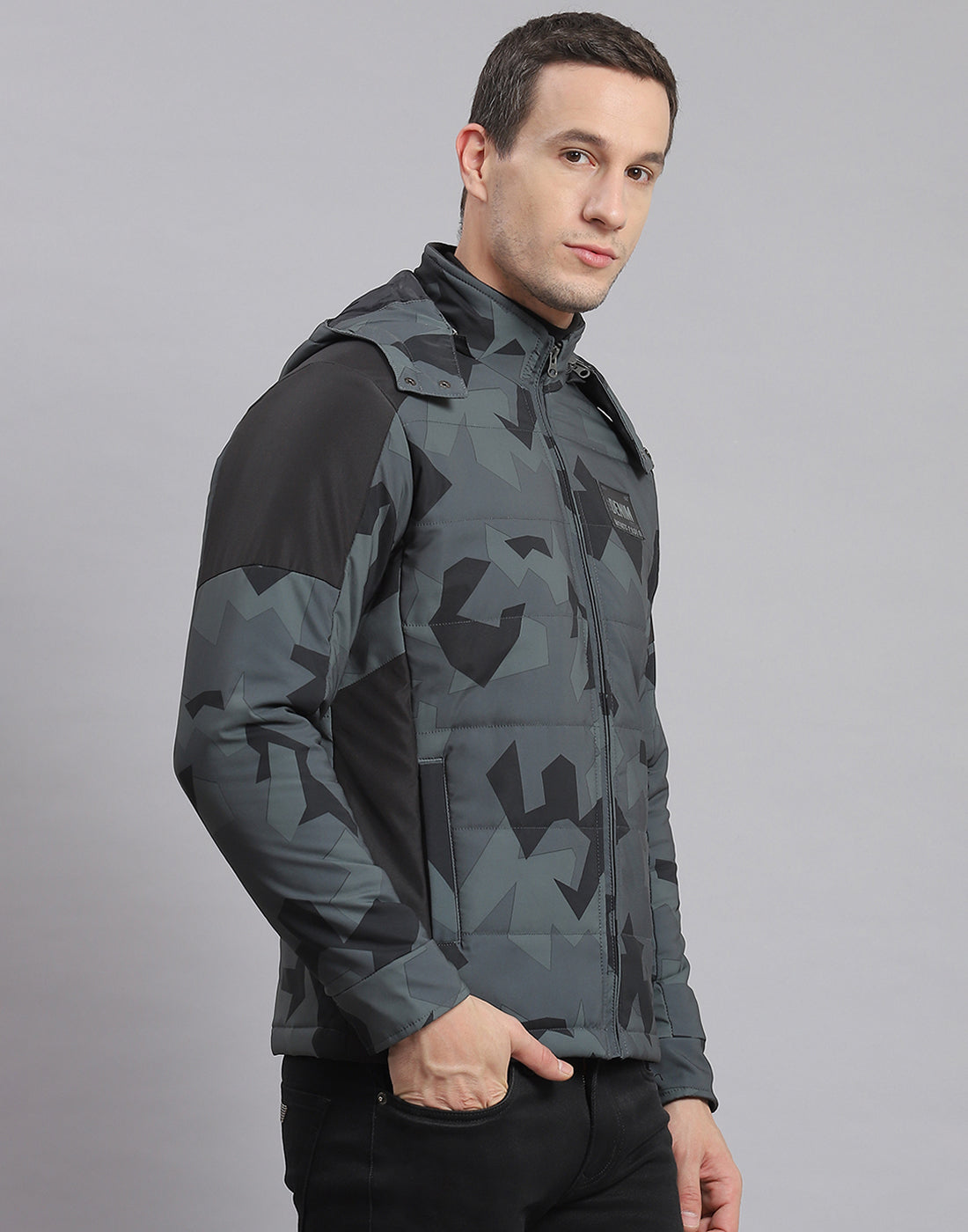 Men Grey Printed Hooded Full Sleeve Jacket