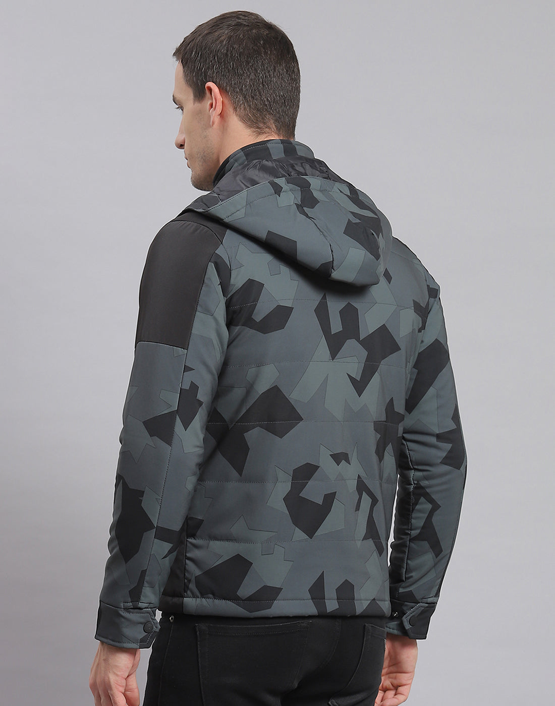 Men Grey Printed Hooded Full Sleeve Jacket
