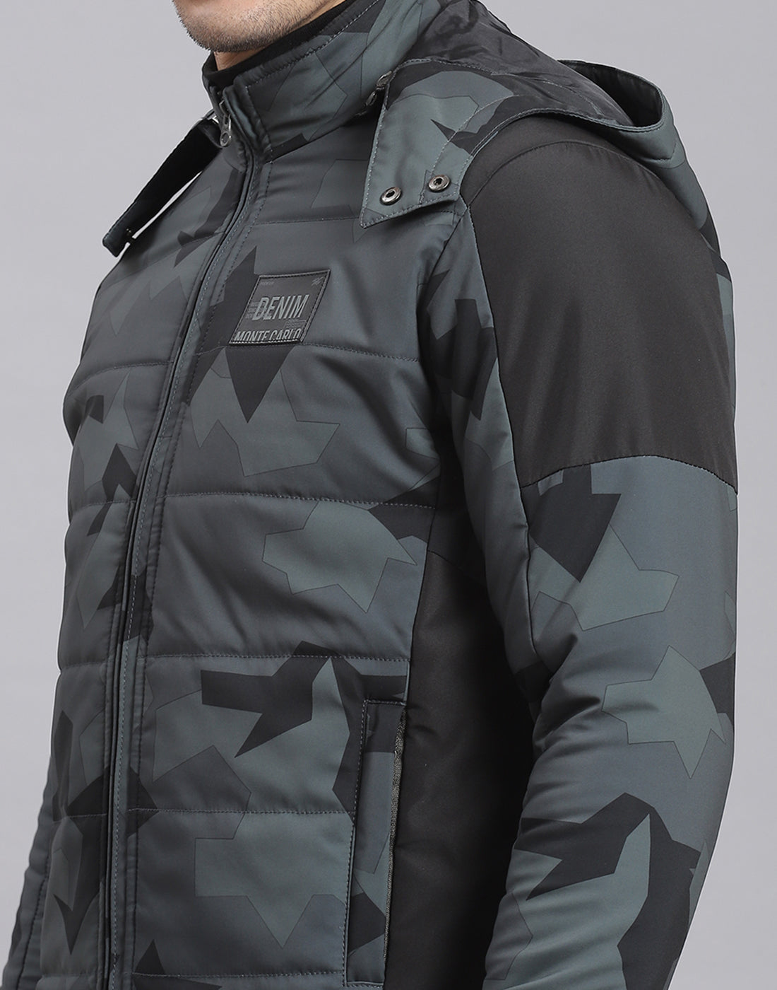 Men Grey Printed Hooded Full Sleeve Jacket