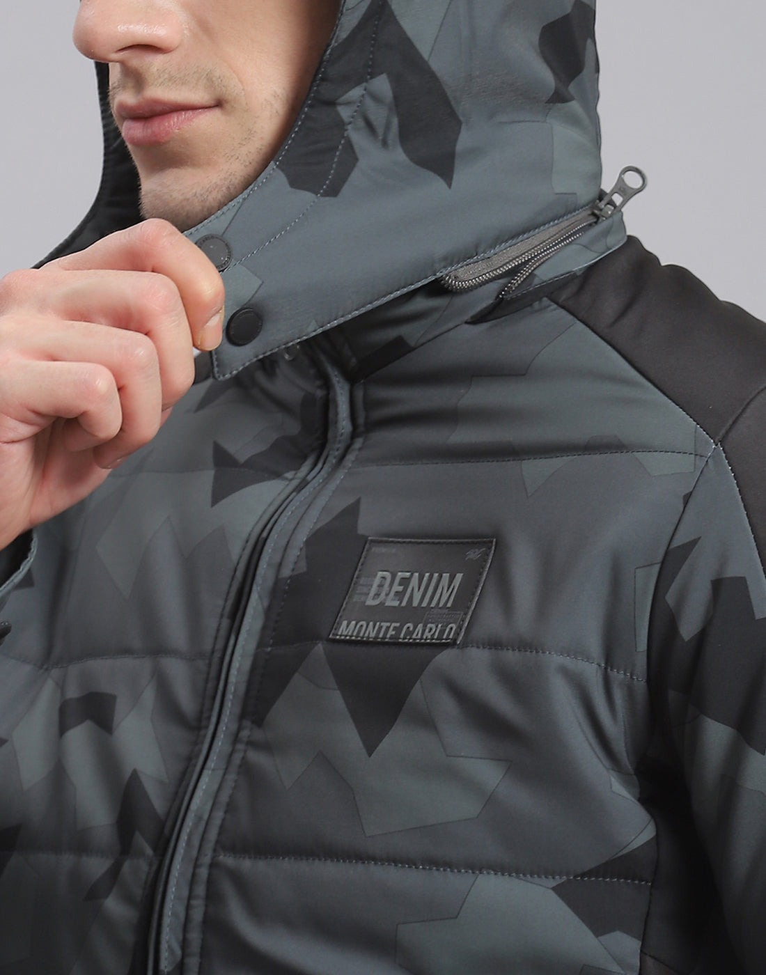 Men Grey Printed Hooded Full Sleeve Jacket