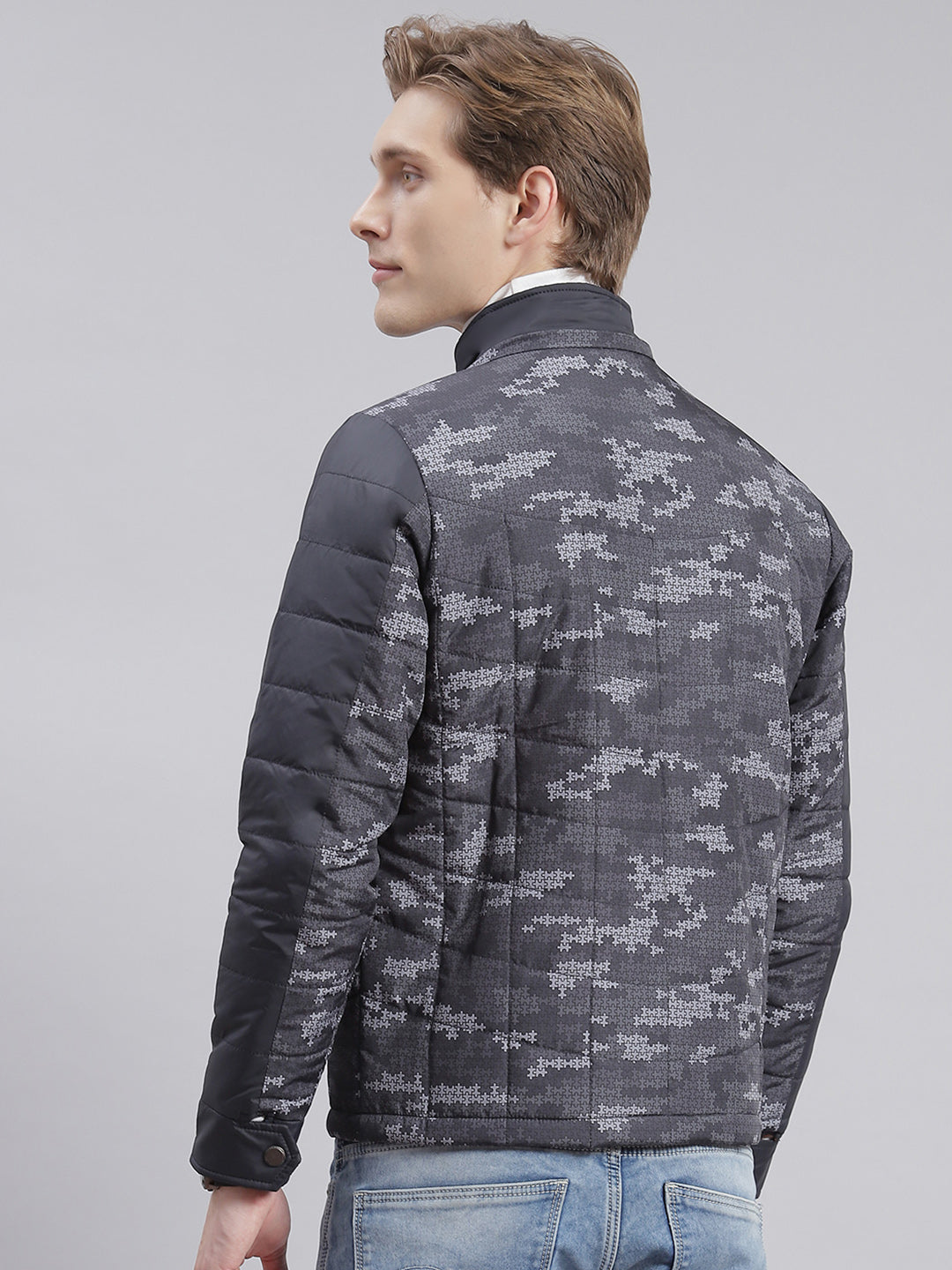 Men Grey Printed Hooded Full Sleeve Jackets