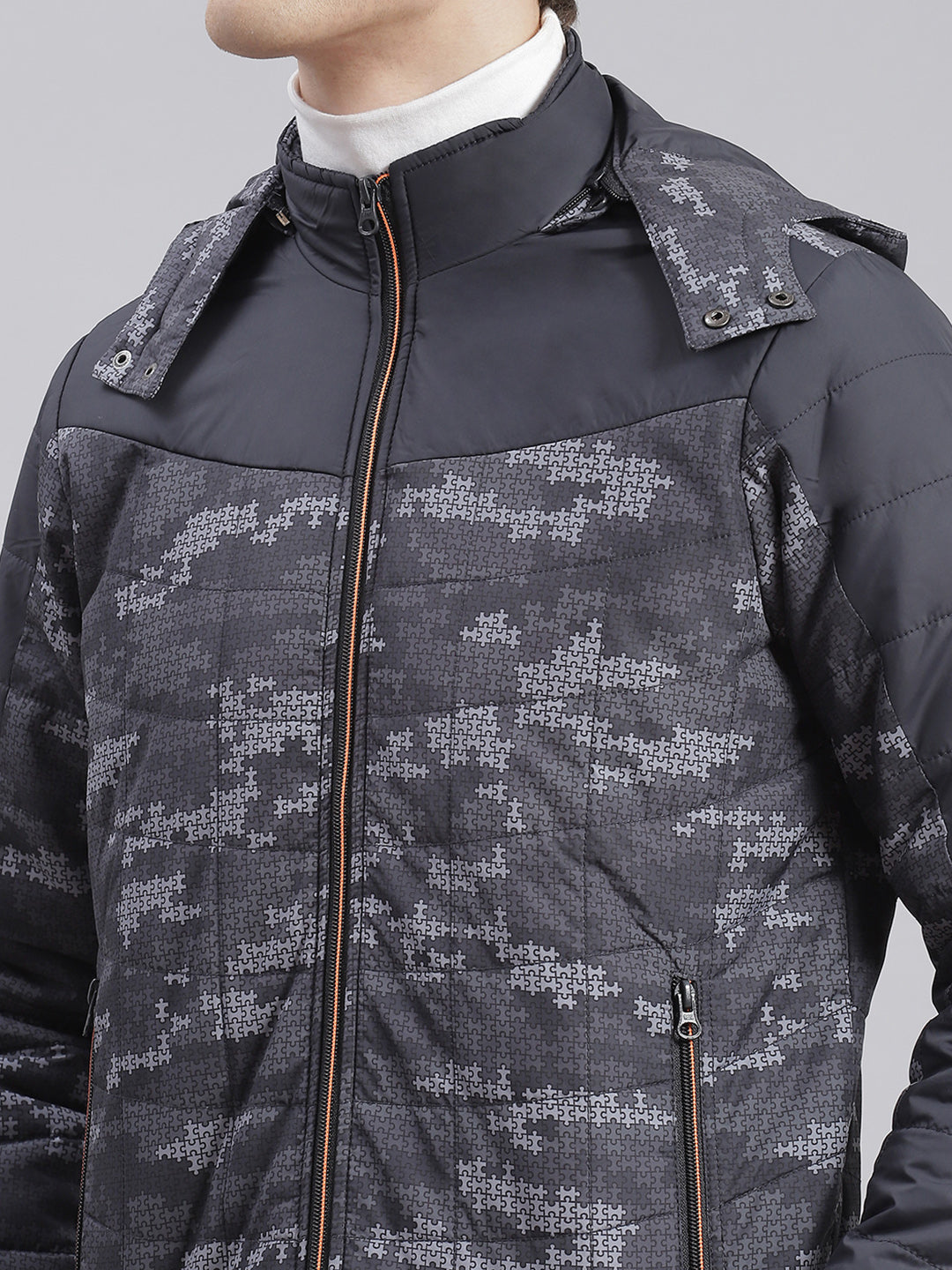 Men Grey Printed Hooded Full Sleeve Jackets