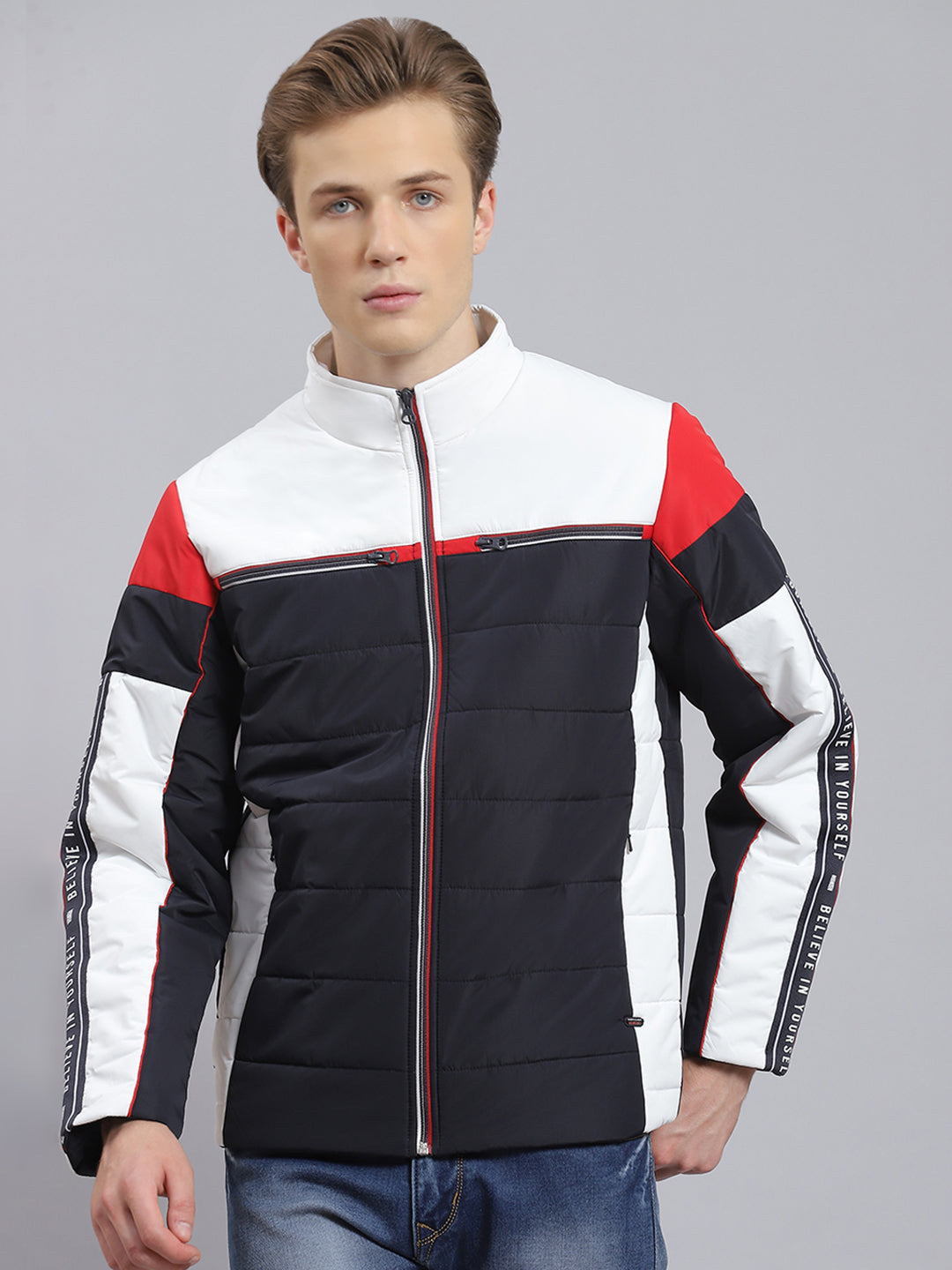 Men Navy Blue Solid Stand Collar Full Sleeve Jacket