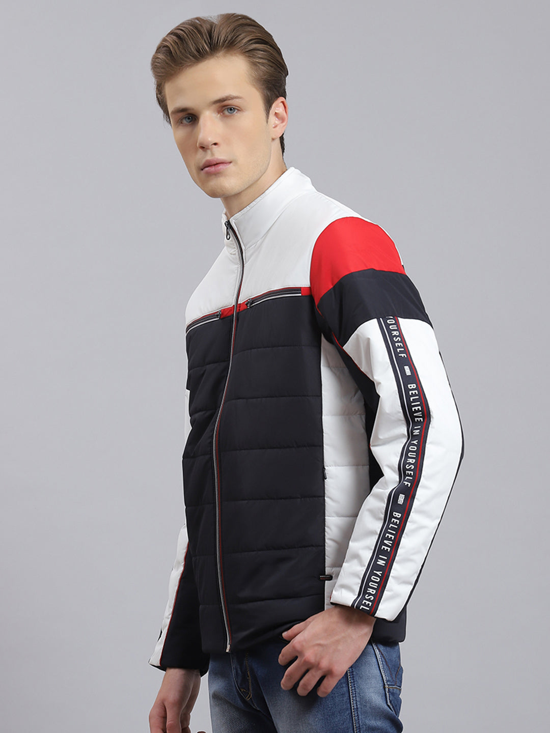 Men Navy Blue Solid Stand Collar Full Sleeve Jacket