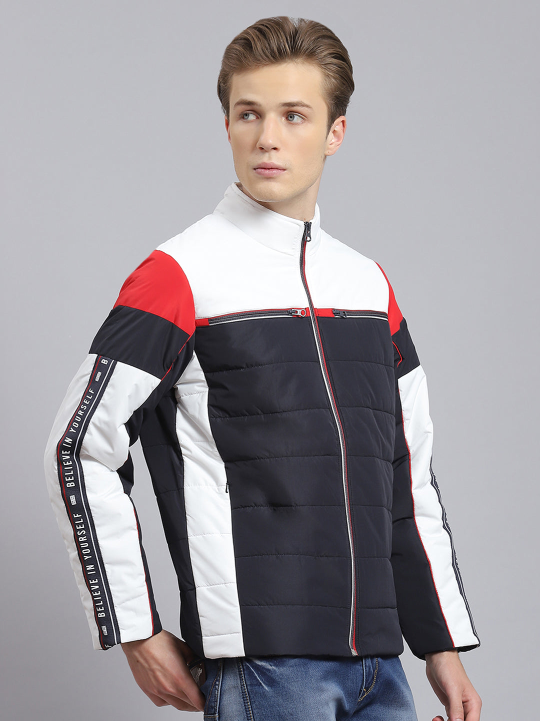 Men Navy Blue Solid Stand Collar Full Sleeve Jacket