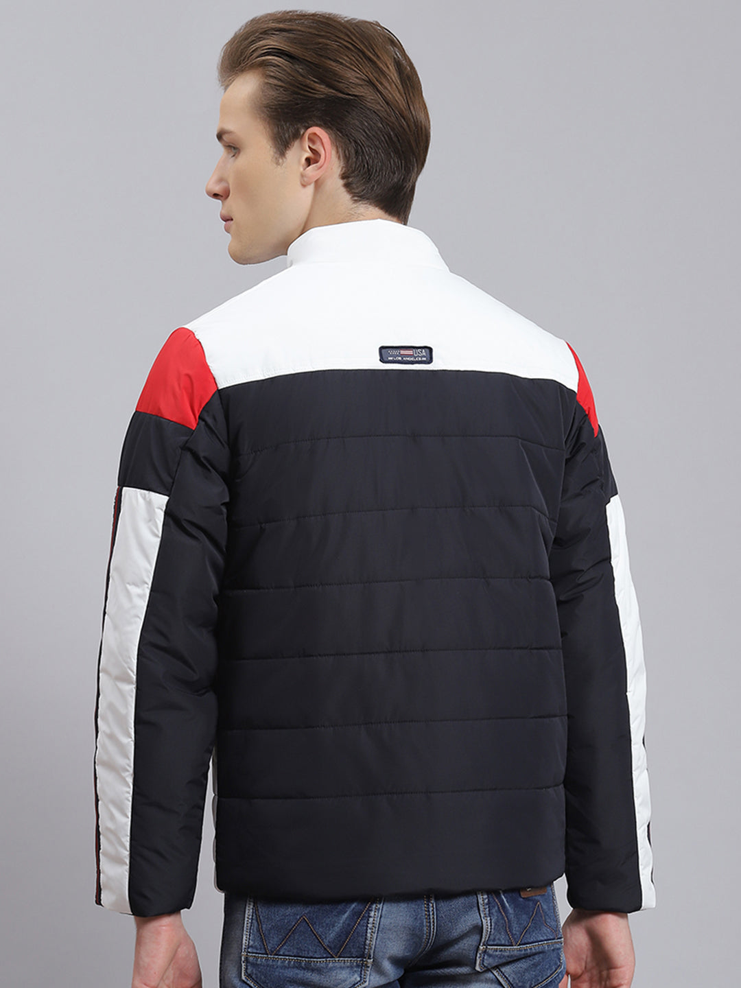 Men Navy Blue Solid Stand Collar Full Sleeve Jacket