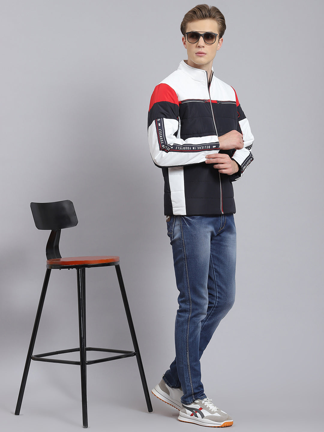 Men Navy Blue Solid Stand Collar Full Sleeve Jacket