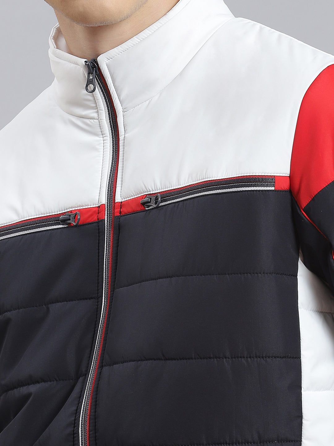 Men Navy Blue Solid Stand Collar Full Sleeve Jacket