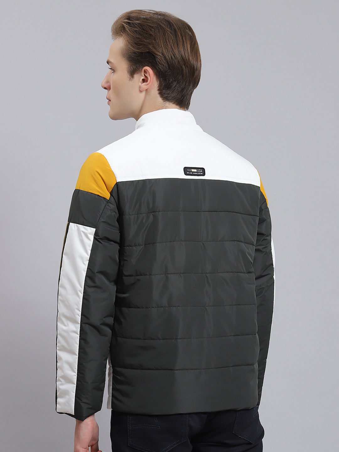 Men Green Solid Stand Collar Full Sleeve Jacket