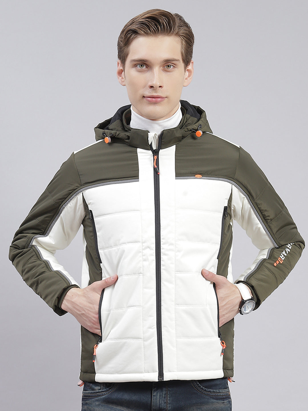 Men Olive Solid Hooded Full Sleeve Jackets