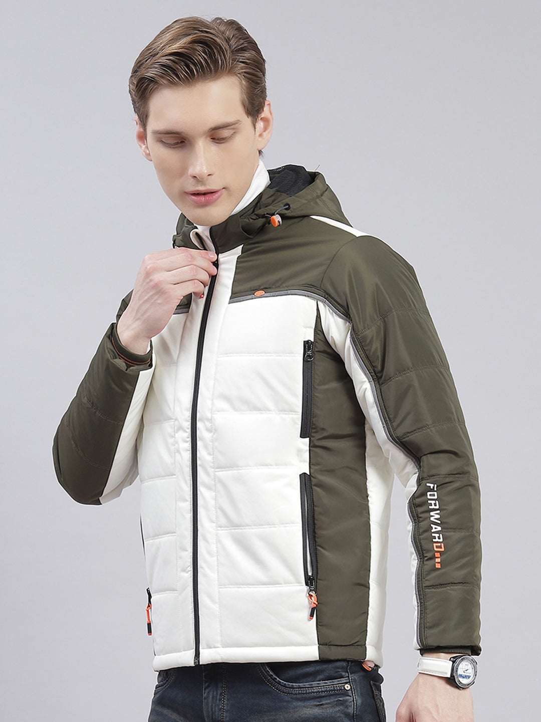 Men Olive Solid Hooded Full Sleeve Jackets