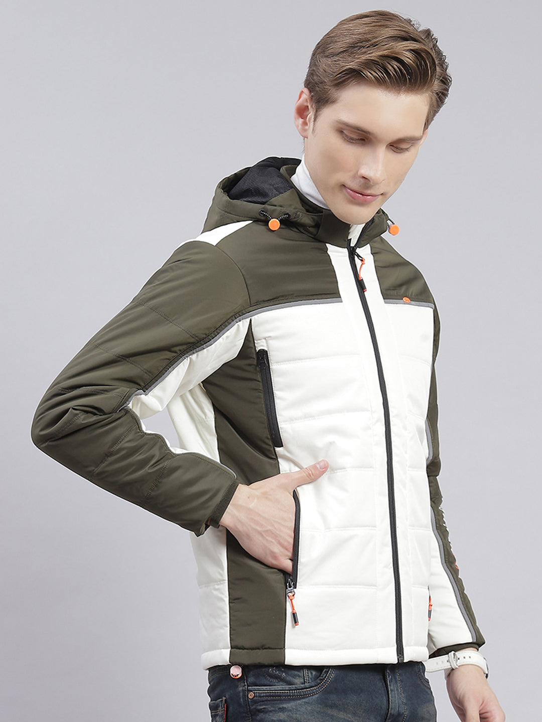 Men Olive Solid Hooded Full Sleeve Jackets