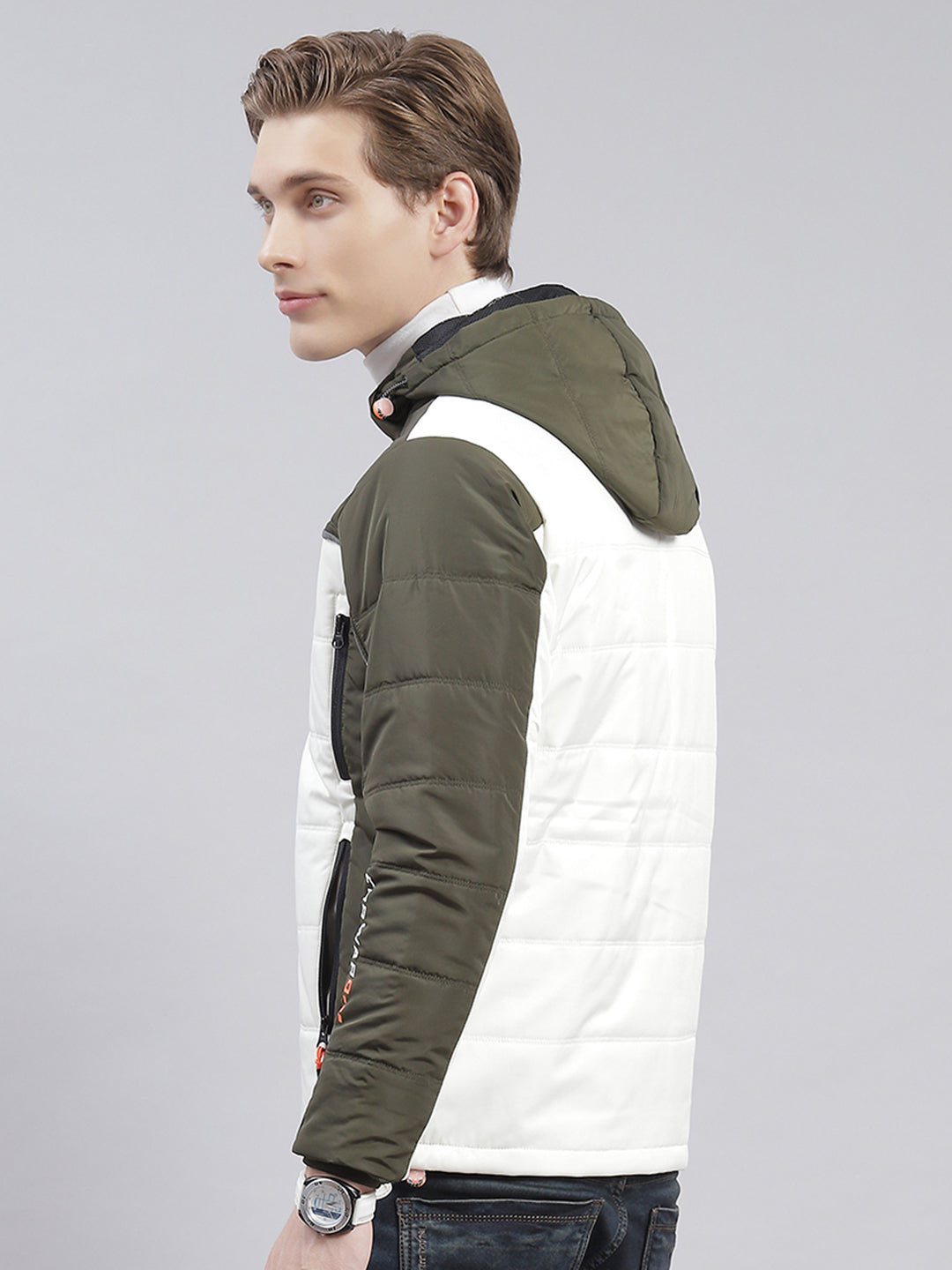Men Olive Solid Hooded Full Sleeve Jackets