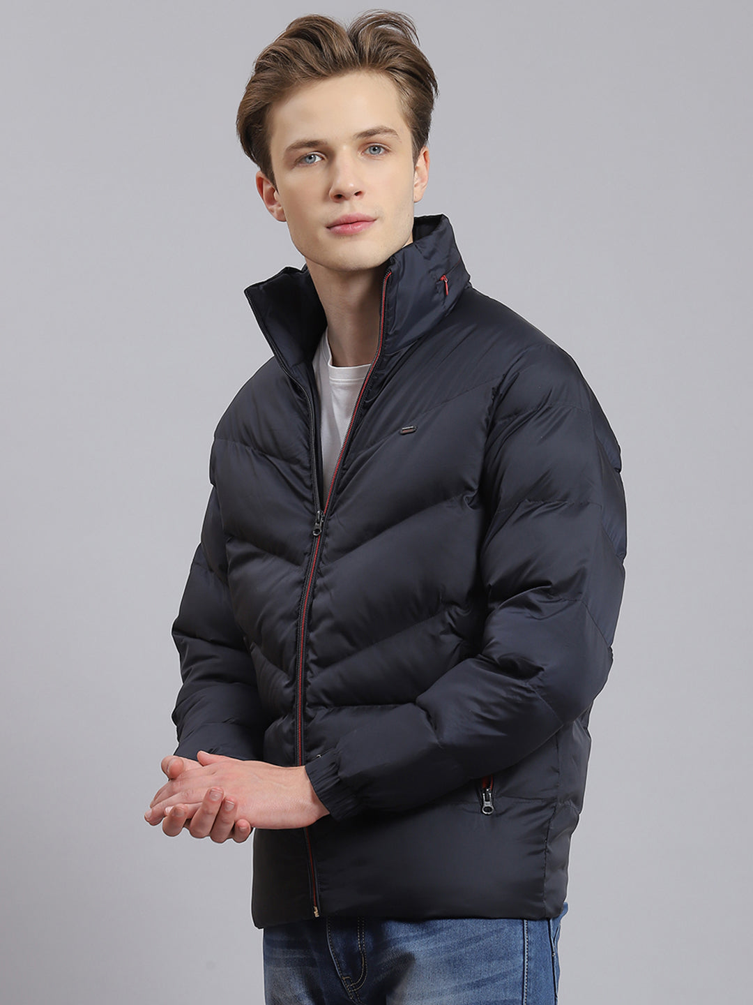 Men Navy Blue Solid Hooded Full Sleeve Jacket