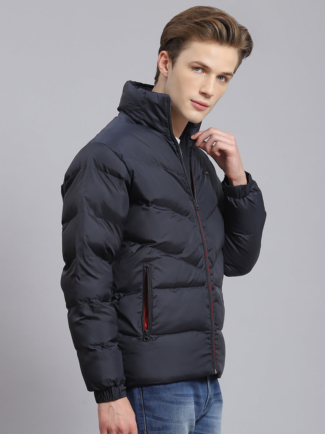 Men Navy Blue Solid Hooded Full Sleeve Jacket