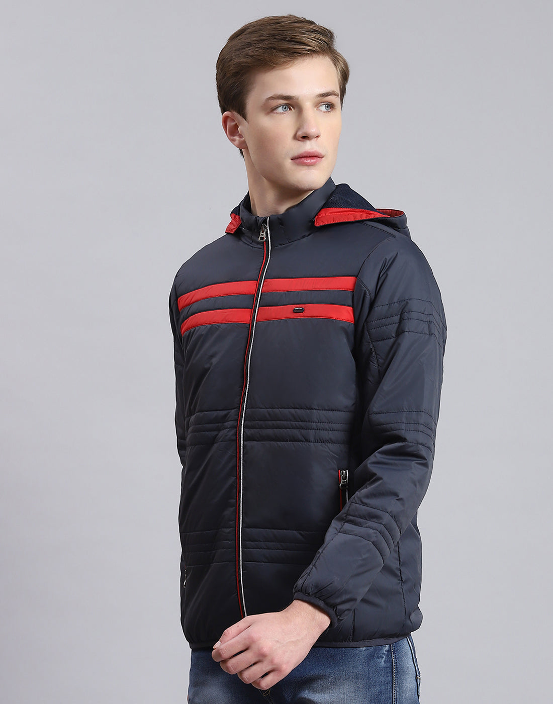 Men Navy Blue Solid Hooded Full Sleeve Jacket