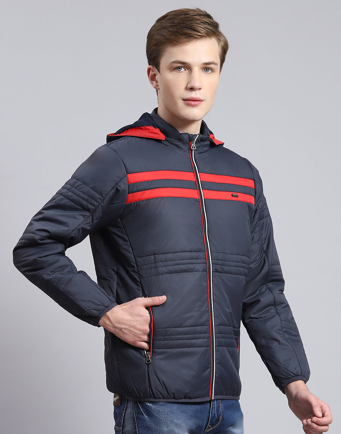 Men Navy Blue Solid Hooded Full Sleeve Jacket