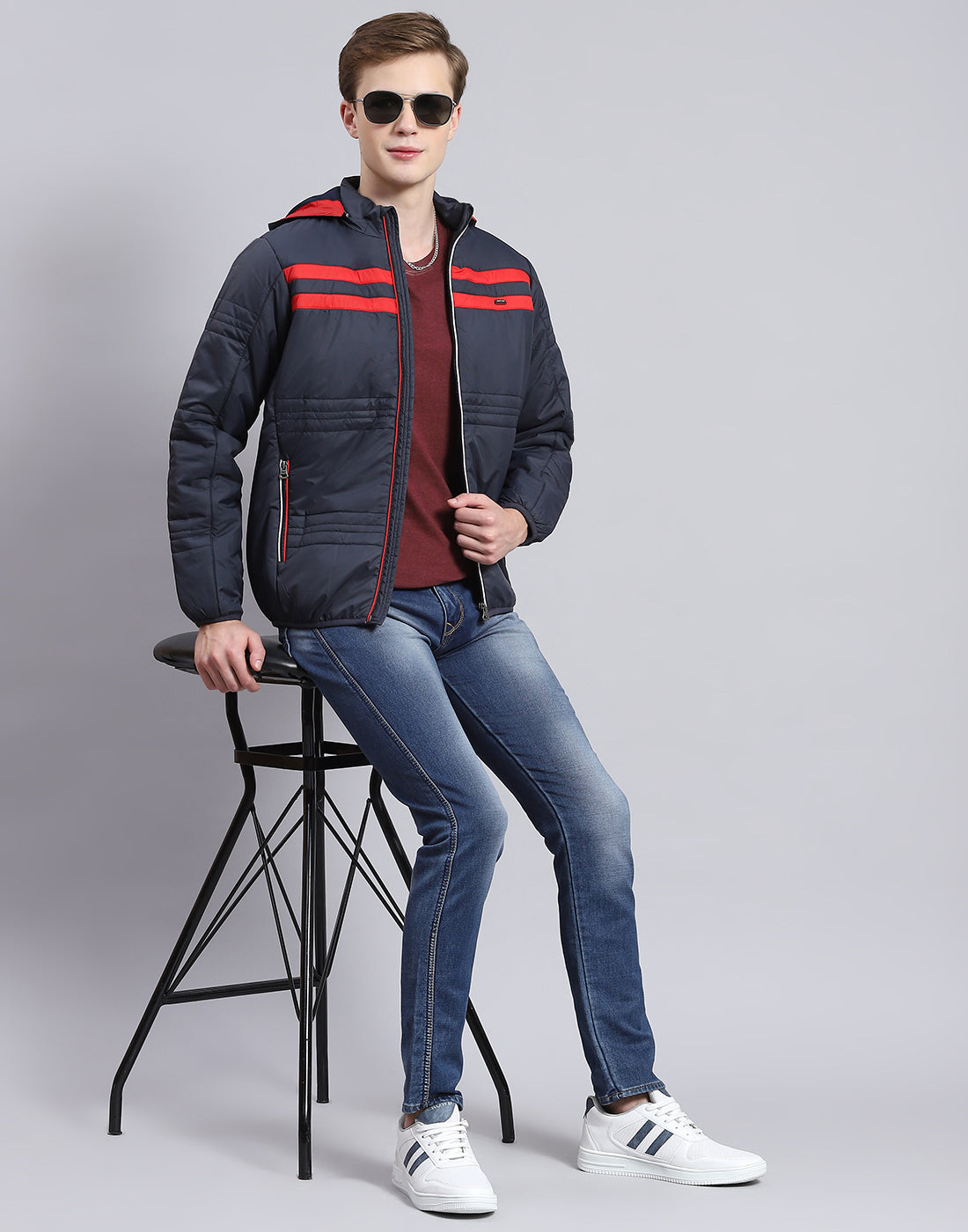 Men Navy Blue Solid Hooded Full Sleeve Jacket