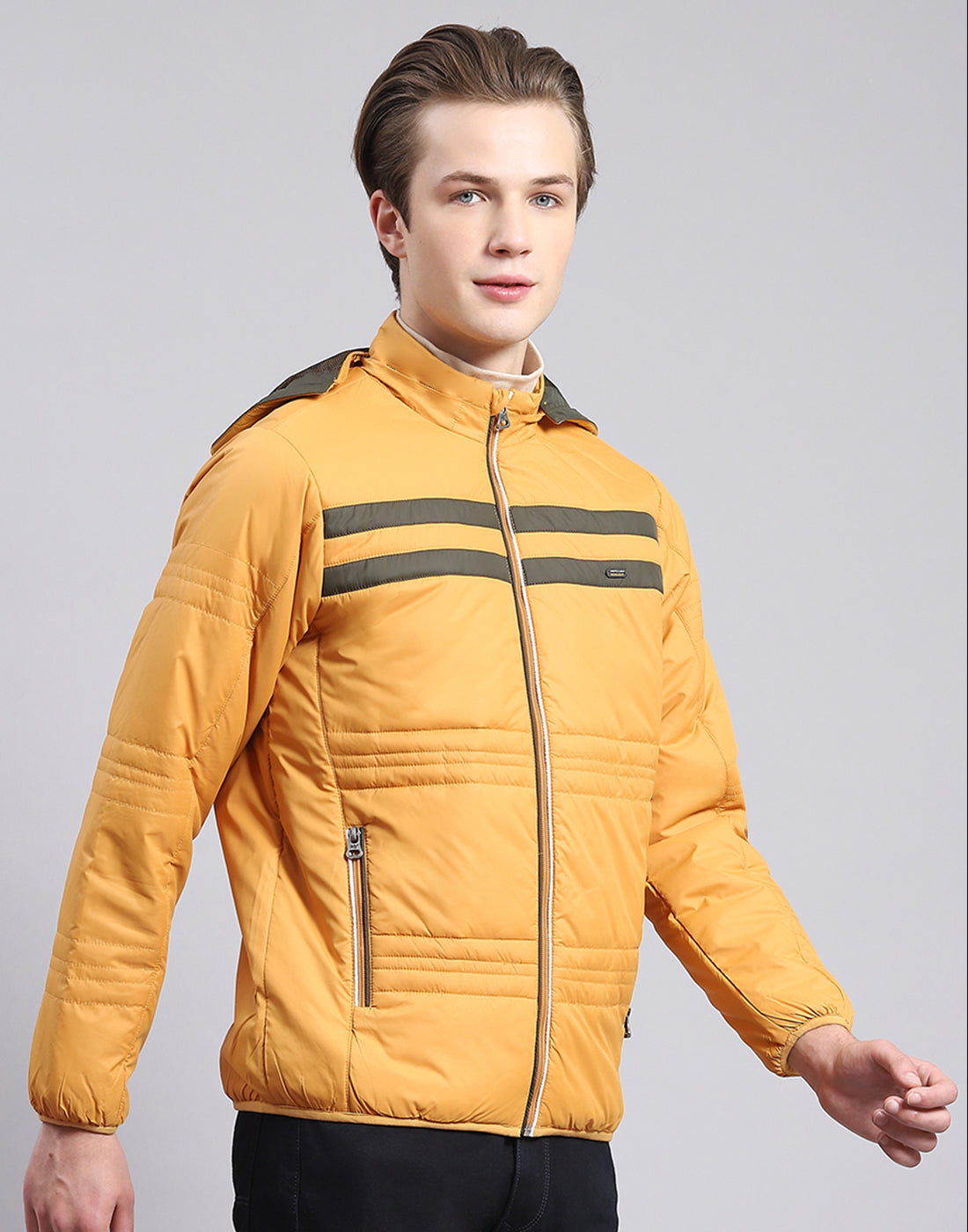 Men Mustard Solid Hooded Full Sleeve Jacket