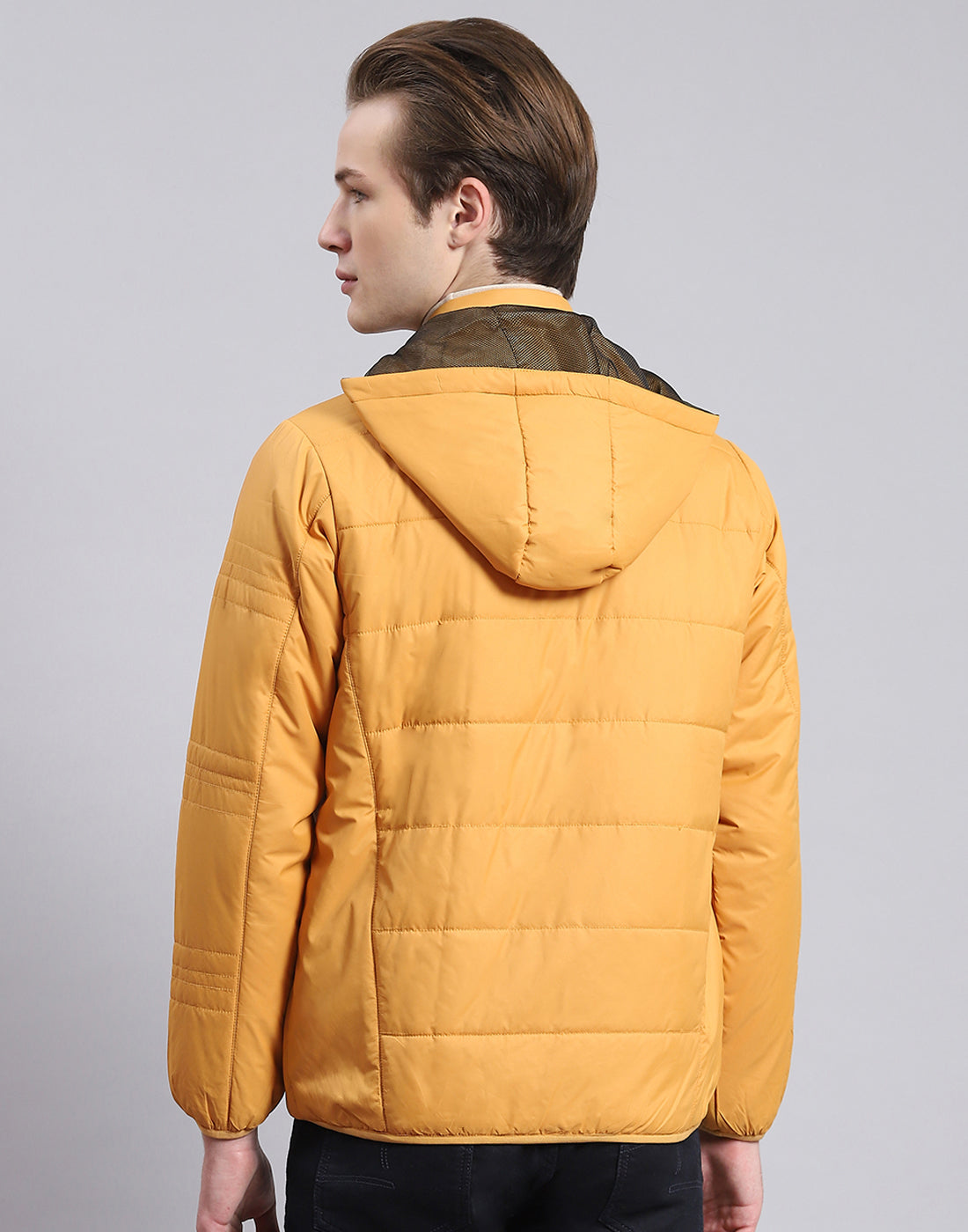 Men Mustard Solid Hooded Full Sleeve Jacket