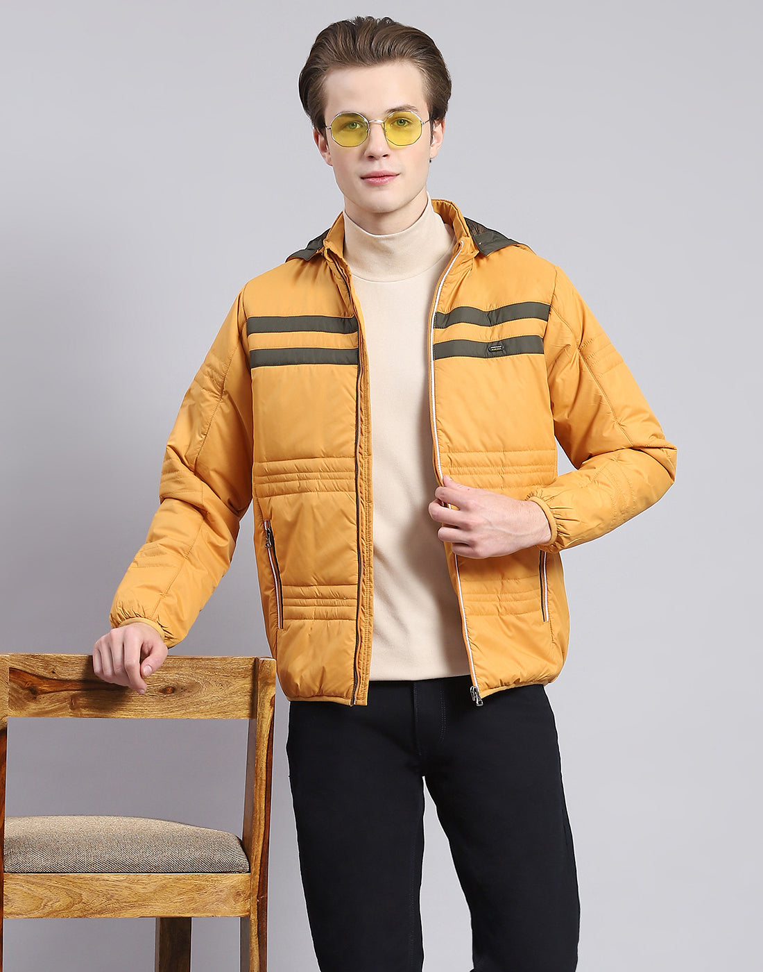 Men Mustard Solid Hooded Full Sleeve Jacket