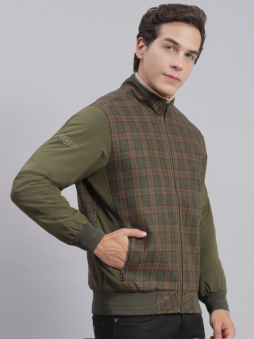 Men Olive Check Stand Collar Full Sleeve Jackets