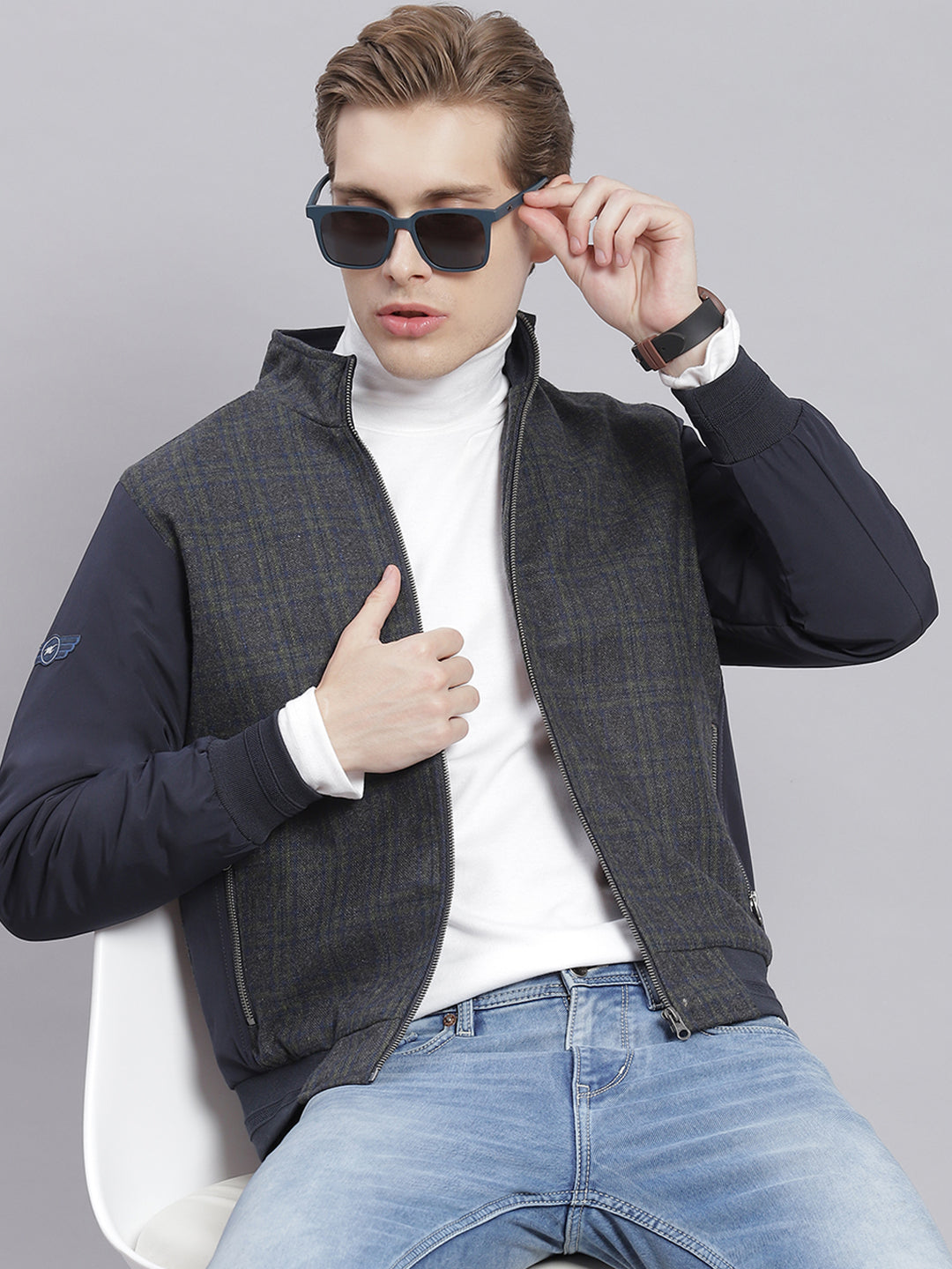 Men Navy Blue Check Stand Collar Full Sleeve Jackets