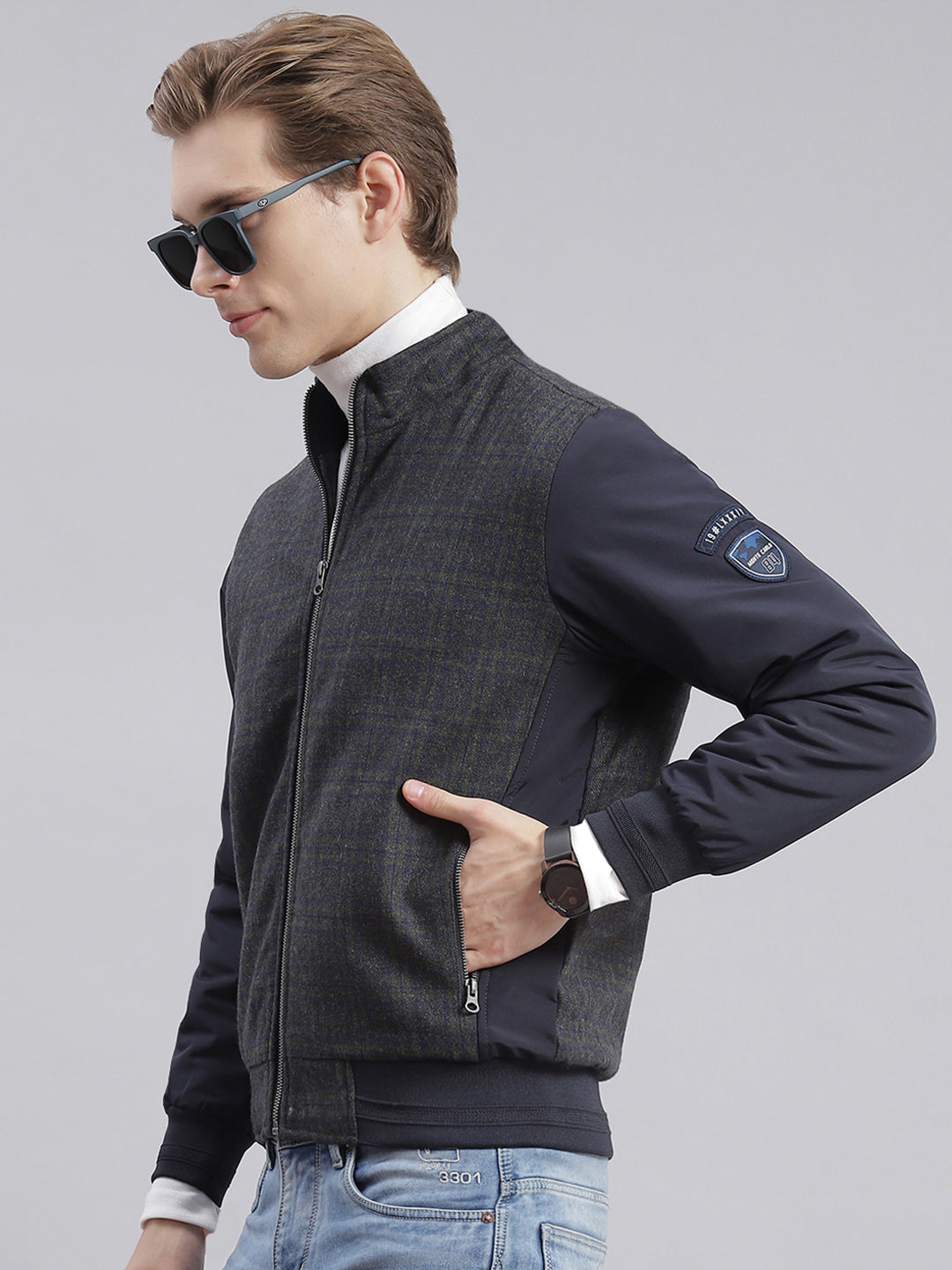 Men Navy Blue Check Stand Collar Full Sleeve Jackets