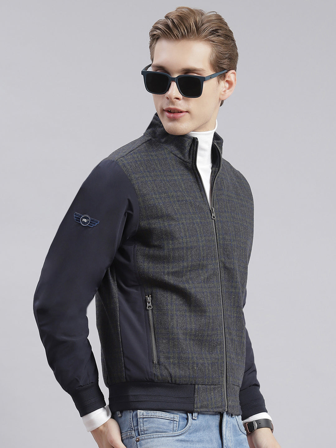 Men Navy Blue Check Stand Collar Full Sleeve Jackets