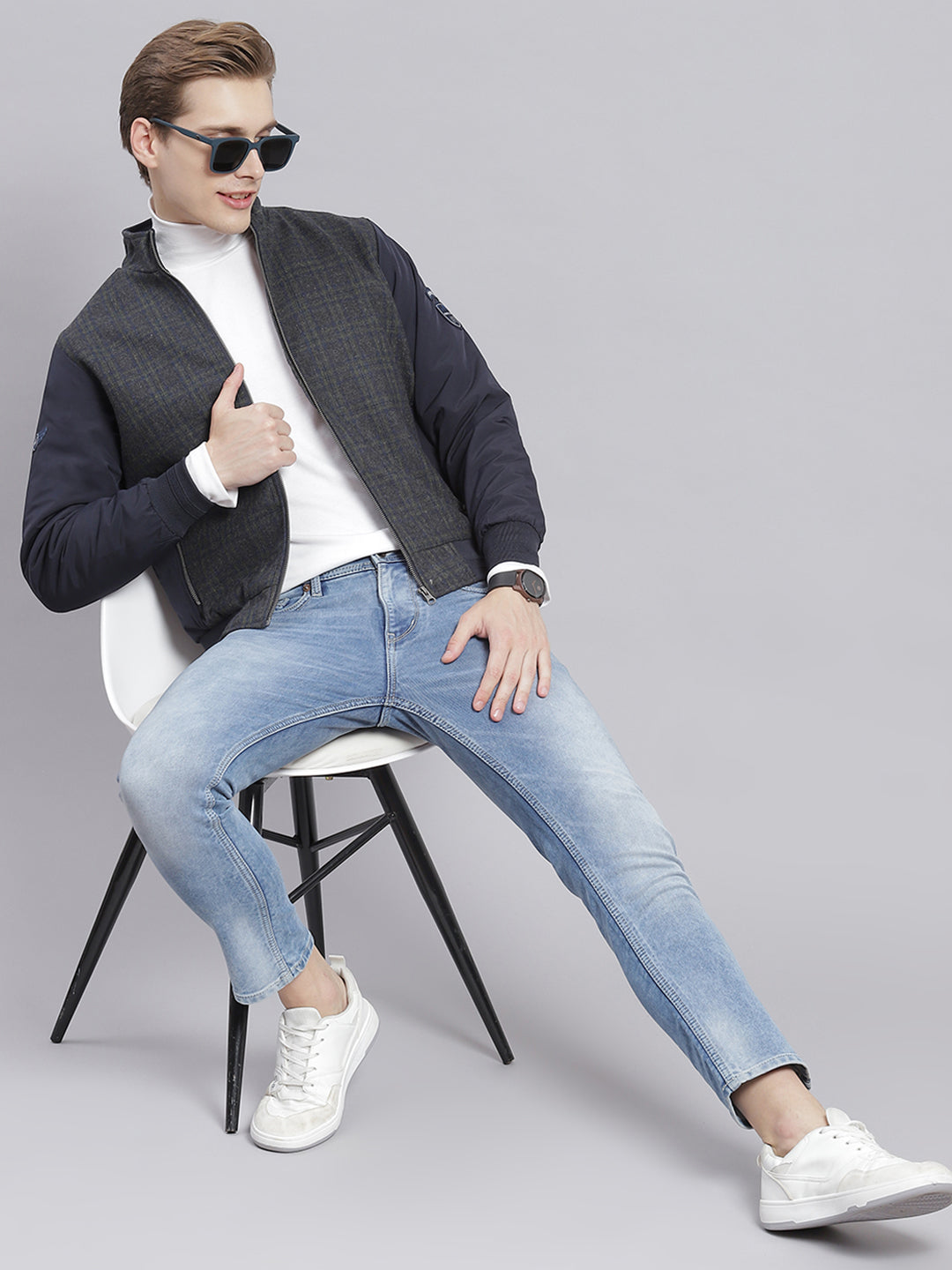 Men Navy Blue Check Stand Collar Full Sleeve Jackets