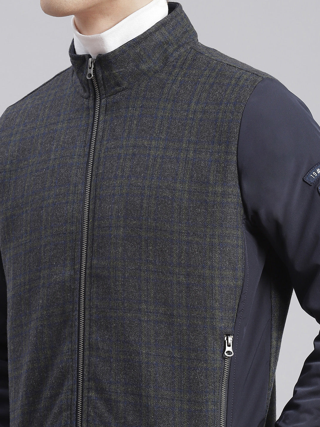 Men Navy Blue Check Stand Collar Full Sleeve Jackets