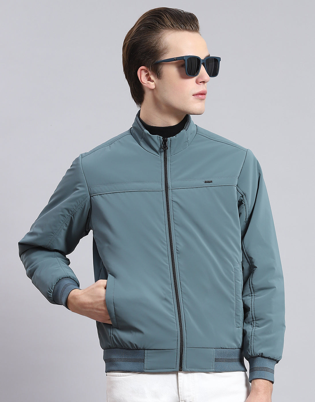 Men Teal Blue Solid Stand Collar Full Sleeve Jacket