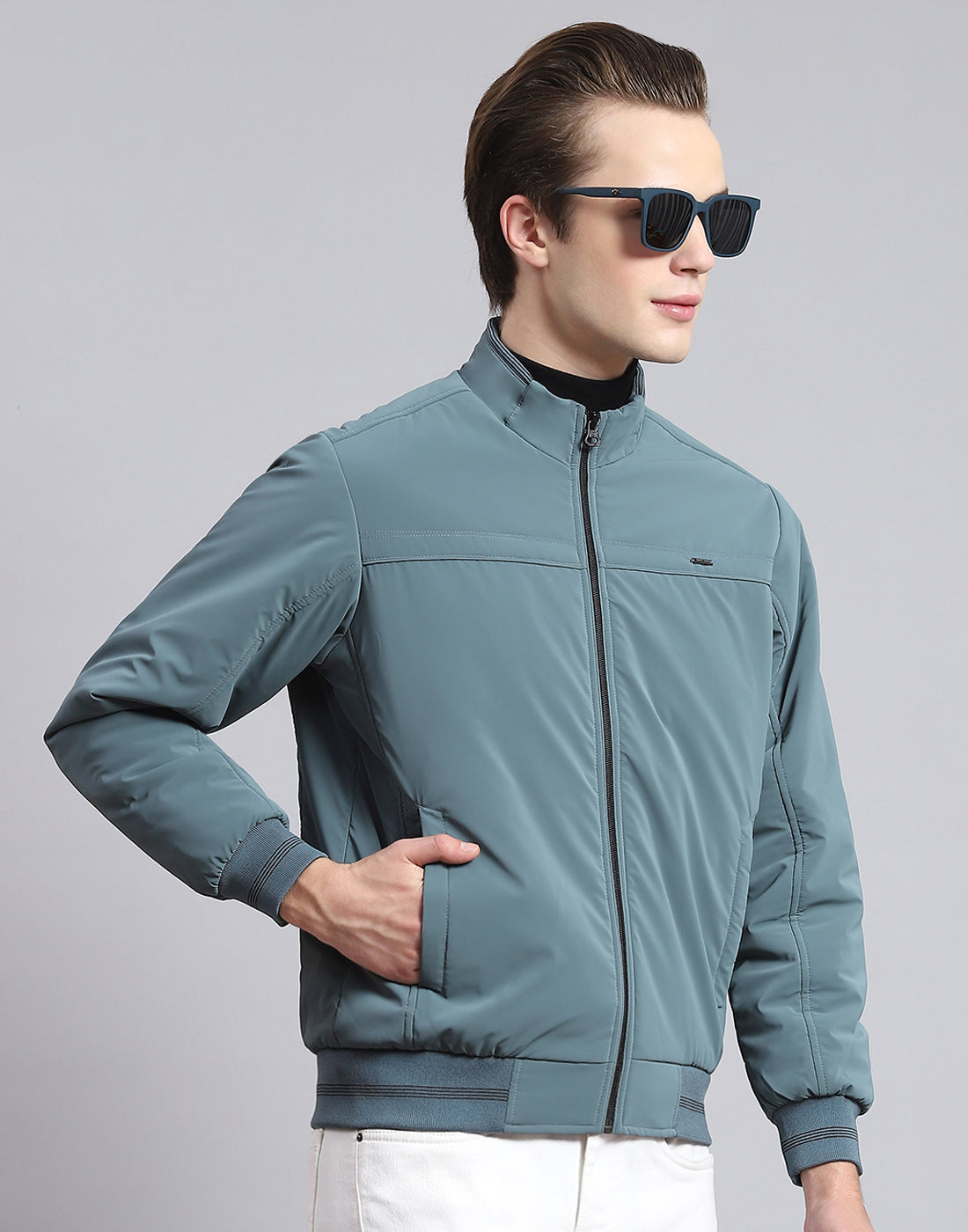 Men Teal Blue Solid Stand Collar Full Sleeve Jacket