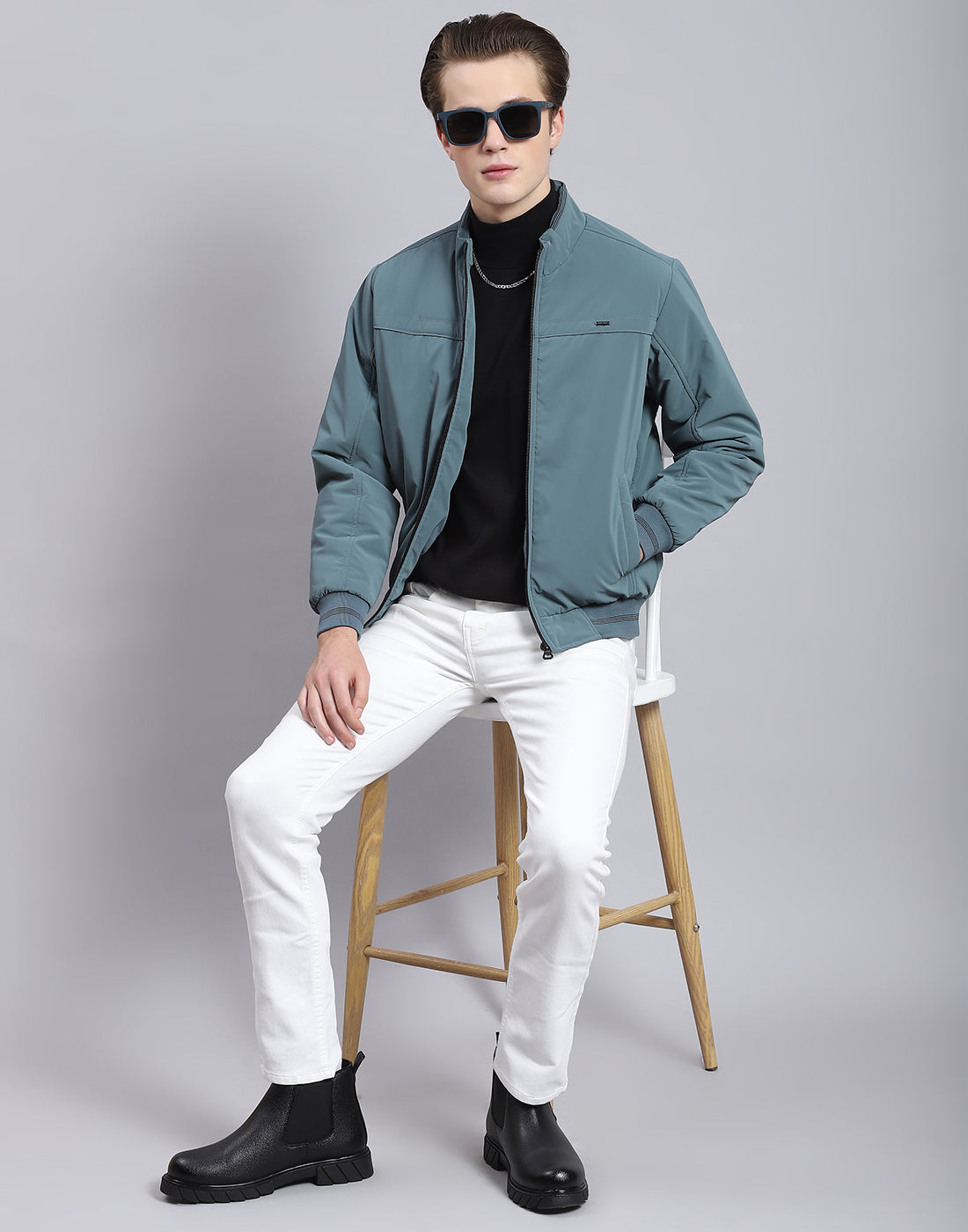 Men Teal Blue Solid Stand Collar Full Sleeve Jacket